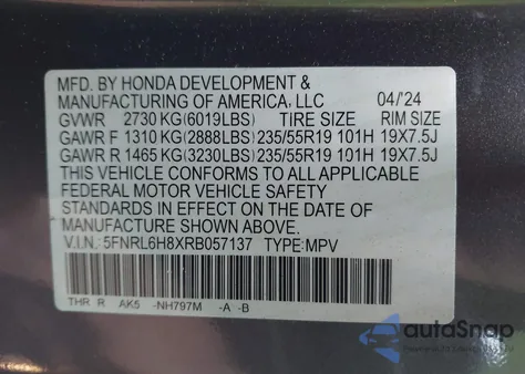 2024 Honda Odyssey Touring from USA, damaged, VIN 5FNRL6H8XRB057137